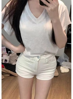 小个子白色高腰修身牛仔短裤女夏季显瘦百搭直筒辣妹热裤子ins潮
