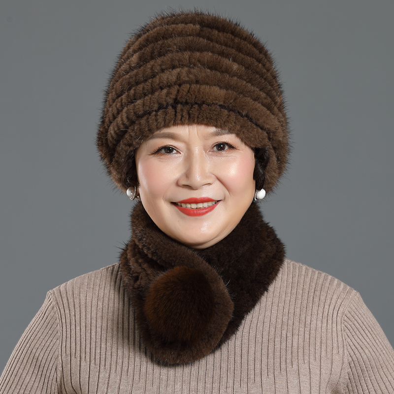 水貂毛帽子女士中老年冬季保暖加厚貂皮编织护耳皮草帽妈妈老人帽