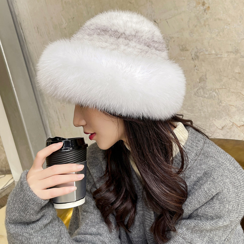 貂毛皮草帽子女士冬季韩版水貂狐狸毛边渔夫帽盆帽休闲保暖护耳帽