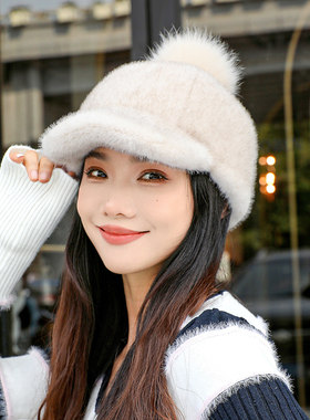 狐狸毛球仿水貂毛鸭舌帽女保暖