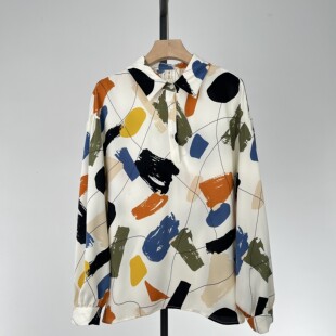 女新款 衬衫 复古港风长袖 宽松气质设计感小众印花衬衣