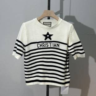 【网红】2025春夏新款时尚百搭气质五角星显瘦条纹针织短袖毛衣女