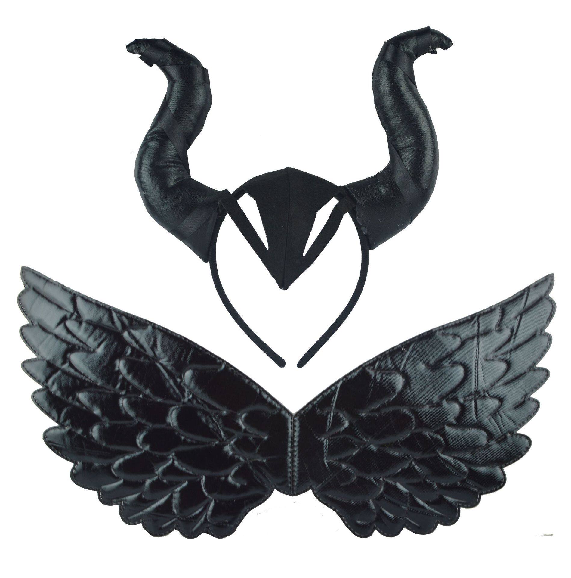 黑色魔女翅膀儿童万圣节舞会派对演出道具恶魔cos牛角发箍套装女