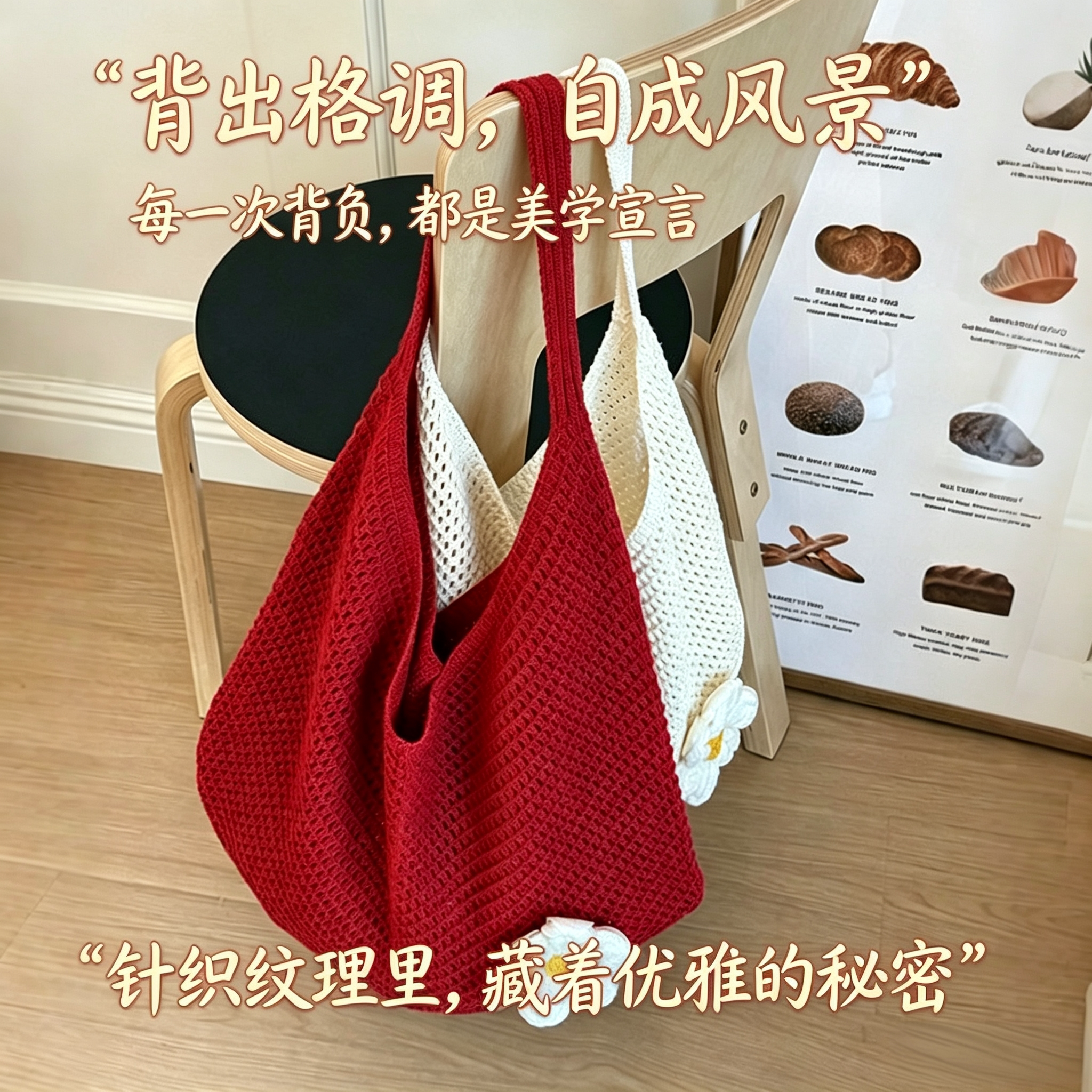 夏季大容量花朵针织沙滩托特包