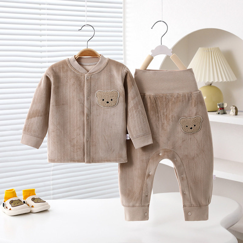 秋冬婴儿保暖套装男女宝宝内衣加绒加厚开衫睡衣按扣式大pp裤无骨