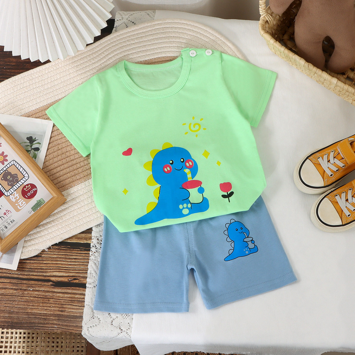 精品新款儿童短袖套装纯棉男童童装女童短裤运动家居服套装夏汗布