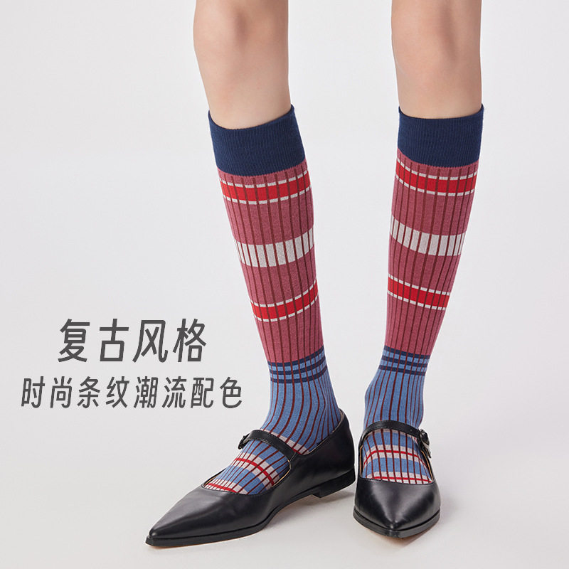 小腿袜子女秋冬季条纹复古及膝长筒棉袜ins潮芭蕾风配靴子堆堆袜