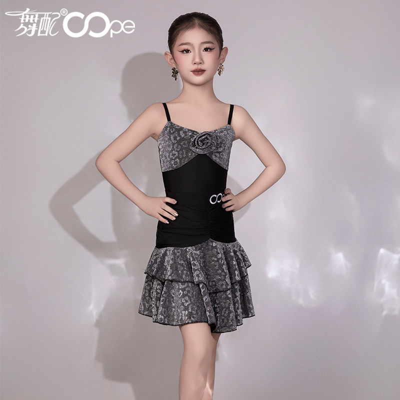 新款拉丁舞服oope舞配舞服训练服拉丁舞练功服女童吊带豹纹裙TJ