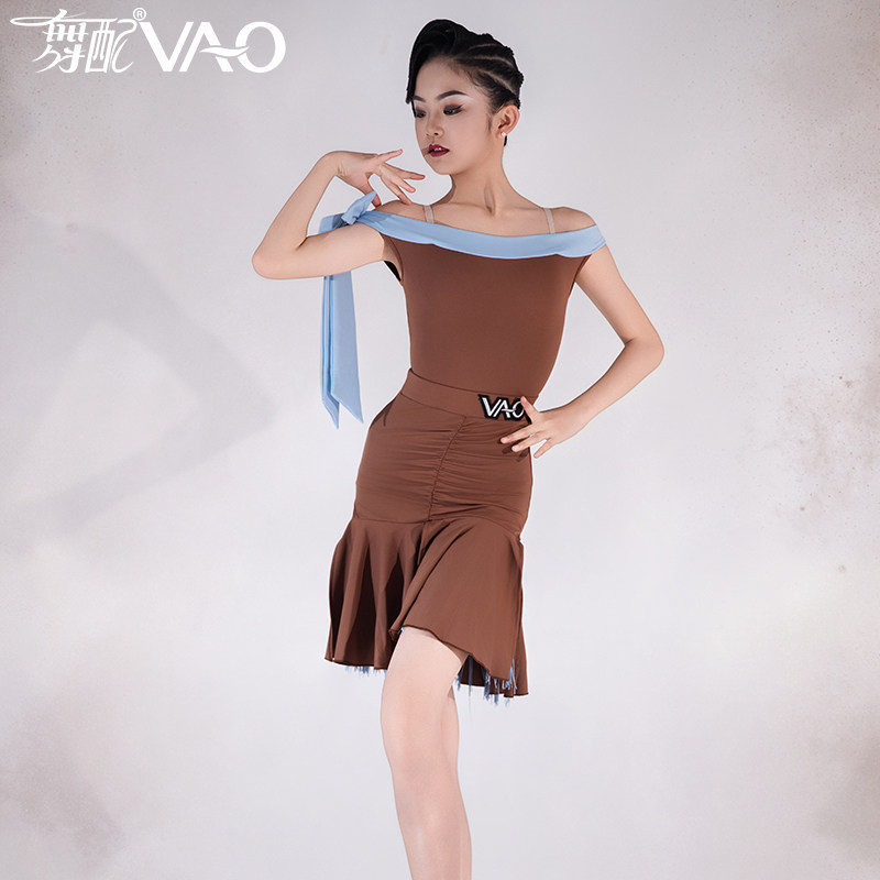 新款拉丁舞服VAO舞配舞服咖拼接一字肩练习裙拉丁舞练功服女童TJ
