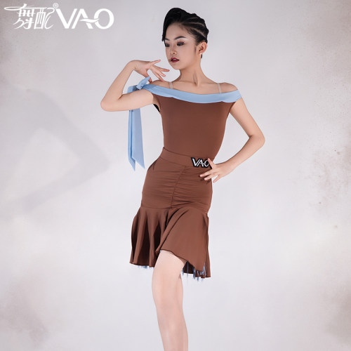 新款拉丁舞服VAO舞配舞服咖拼接一字肩练习裙拉丁舞练功服女童TJ