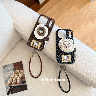 甜美小香风蕾丝kt猫磁吸壳秋冬棕色碎花布艺适用iPhone17pro氛围感手机壳适用苹果16promax硬壳1415