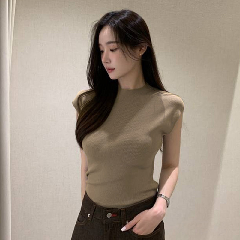 韩版春秋新款时尚圆领纯色百搭修身显瘦性感套头无袖针织衫上衣女
