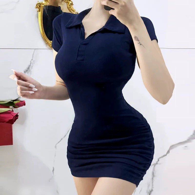 2024韩版纯欲风夏季新款优雅女人味气质翻领显身材褶皱包臀连衣裙