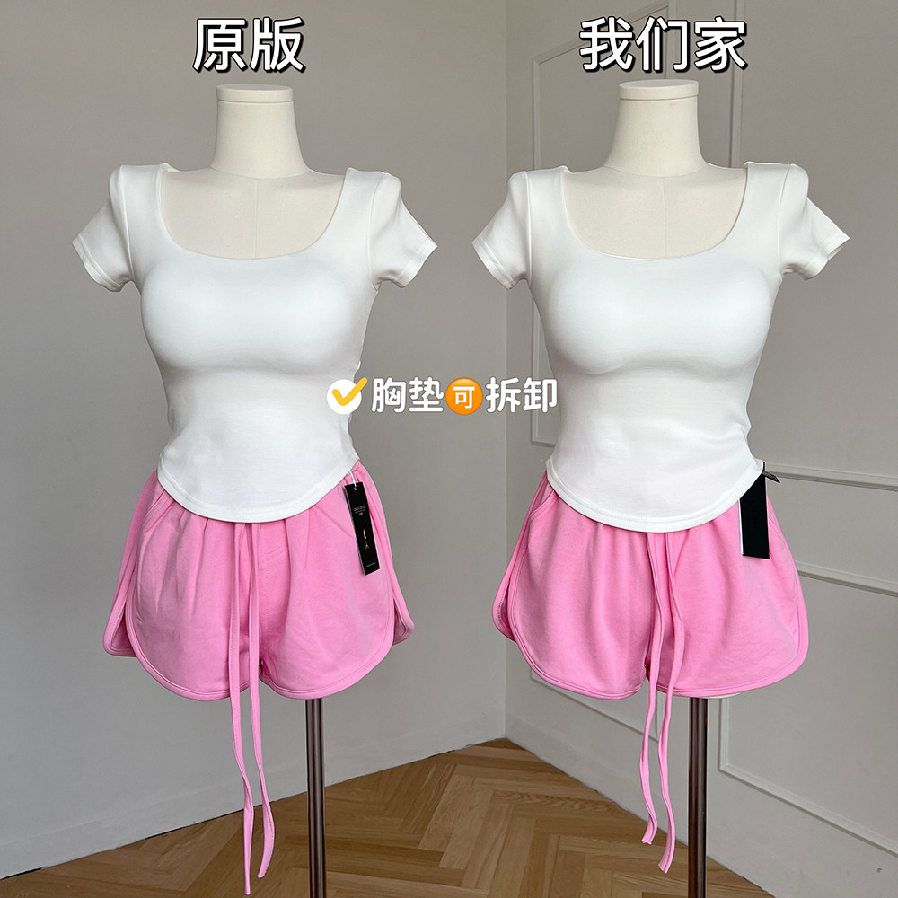 韩版2022春夏新款心机T恤性感少女修身显瘦纯欲短袖纯色大U领上衣