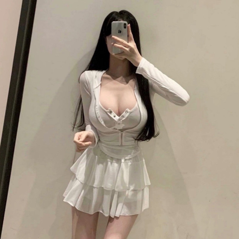 纯欲风夏季新款性感时尚套装连帽拉链外套+有内衬百褶短裙两件套