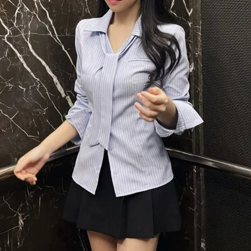 纯欲风秋冬新款气质修身系带领结收腰显身材长袖B百搭条纹衬衫t恤