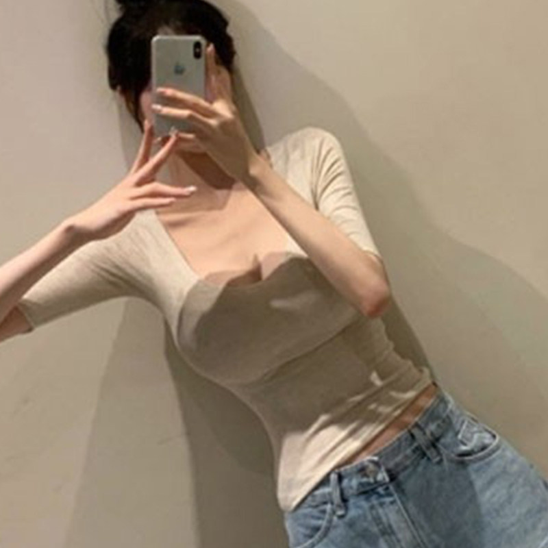 韩国夏季新款日常显身材性感辣妹女人味U领紧身显瘦短袖T恤上衣女