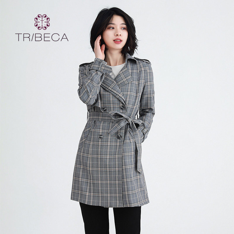 TRIBECA/翠贝卡新款时尚女士英伦风格子收腰风衣外套