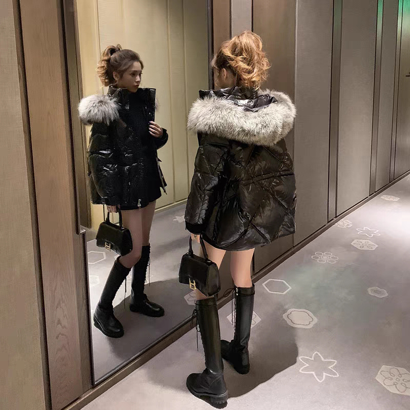 2025冬季新款韩版大毛领黑色亮面短款棉衣女加厚羽绒棉服棉袄外套