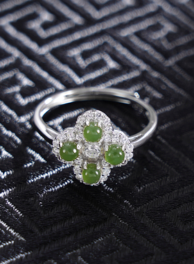 子佩集S925【四叶尘缘】戒指【JZ05395】纯银古法银和田碧玉