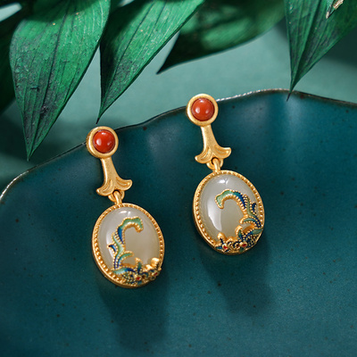 子佩集S925【如锦似画】耳钉【ED02210】纯银国潮和田玉