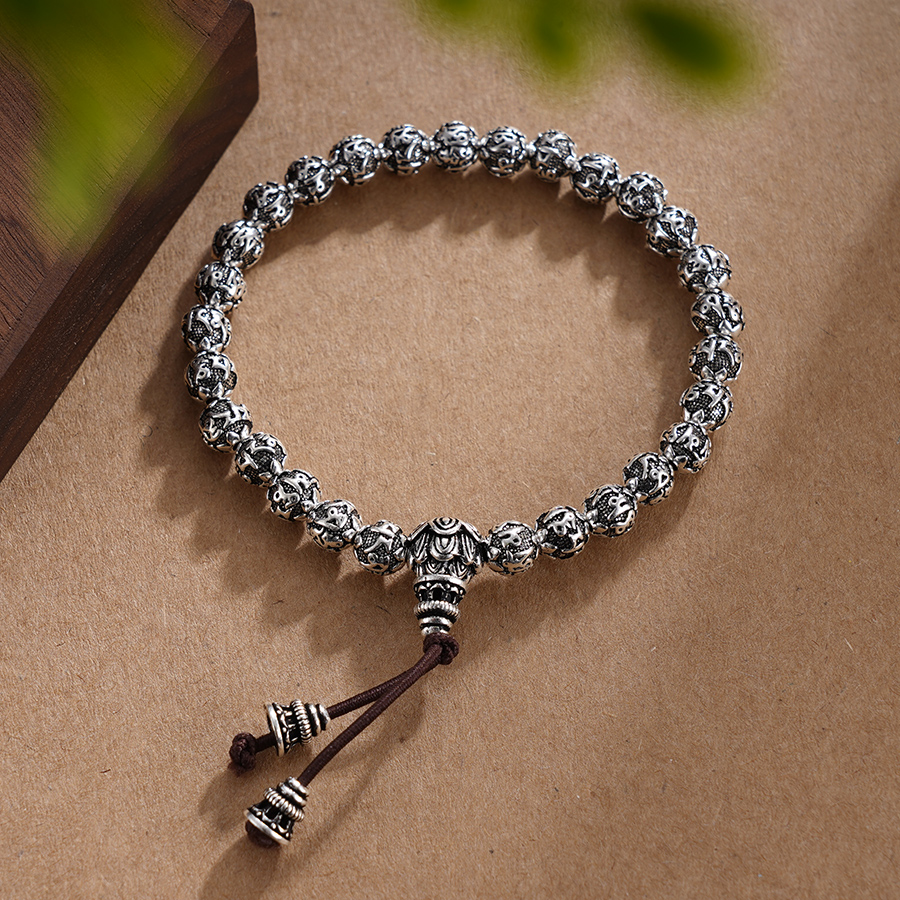 子佩集S990【六字真言】手串【HC31101】纯银仿古6mm黑手链