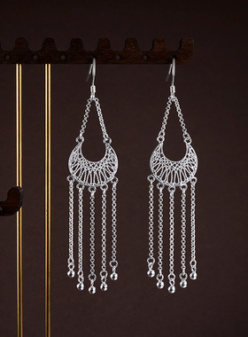 子佩集S990【明月照雪】耳环【LEH000043-1】纯银花丝水滴流苏