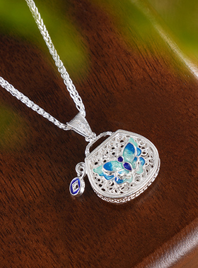 子佩集S990纯银项链【纳福之蝶】蝴蝶钱袋花丝珐琅彩【MXTL030】