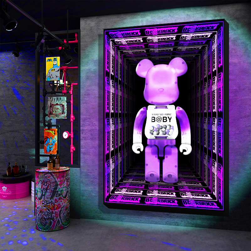 潮流暴力熊KAWS发光挂画酒吧墙面仿千层深渊镜灯画电竞酒店装饰画