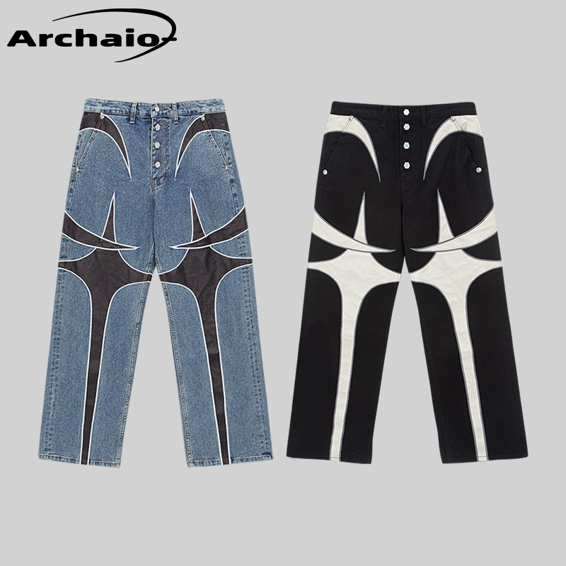 ThugClub星月拼接拼皮牛仔裤