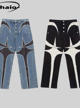 Thug Club 24ss 星月拼接拼皮刺绣牛仔裤 拼色设计立体版型 韩