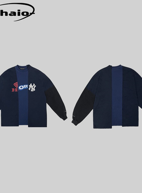 Grailz ProjectGR 24ss 拼色不规则长袖多logo拼接圆领廓形卫衣韩