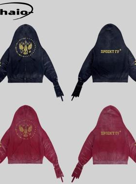 Grailz ProjectGR 24fw 双头鸟做旧拉链遮面忍者做旧卫衣帽衫boxy