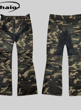 Grailz ProjectGR 24ss 微喇迷彩机车刷蜡膝盖褶皱拼接长裤韩国