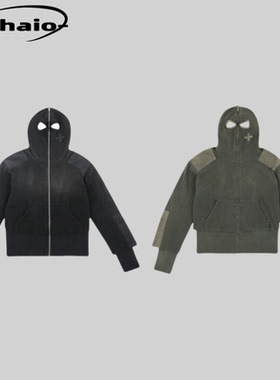 Grailz ProjectGR 24fw 蒙面忍者拉链连帽拼接做旧水洗帽衫卫衣