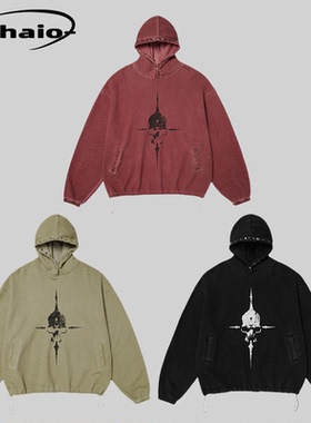 Thug Club 24fw 十字骷髅水洗做旧金属排扣连帽设计廓形卫衣韩潮
