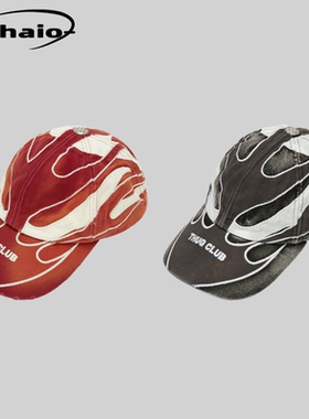 Thug Club 24fw 水洗做旧火焰纹理拼接logo鸭舌帽