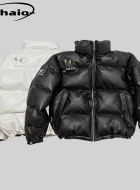Thug Club 经典星月皮质立领羽绒服厚款金属logo面包服拉链外套韩