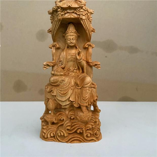崖柏木雕自在观音佛像摆件自在观音手里持书实木雕刻观音菩萨雕像