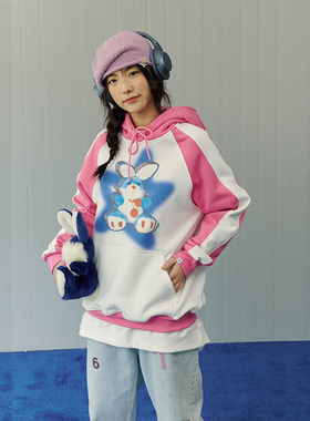 PROS BY CH五角星兔子重影连帽卫衣秋冬加厚情侣古着vintage上衣