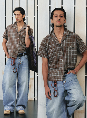 不路牌复古格子短袖衬衫