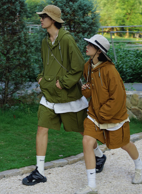 PROS BY CHcity boy国潮工装户外抽绳口袋休闲套装连帽情侣外套男