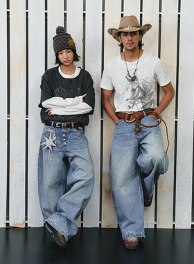 不路牌 马刺西部定织牛仔裤美式复古直筒阔腿牛仔长裤