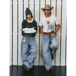 不路牌 马刺西部定织牛仔裤美式复古直筒阔腿牛仔长裤