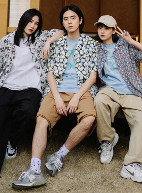 PROS BY CH古巴领满印衬衫男女情侣款潮牌翻领宽松短袖外套夏季