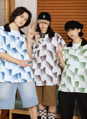 PROS BY CH棋盘格袖子可拆卸短袖衬衫情侣款潮牌宽松翻领长袖衬衣