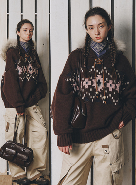 不路牌 科里亚克提花复古毛领连帽情侣款毛衣