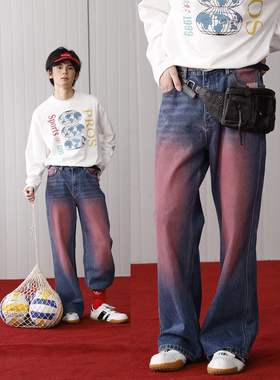 PROS BY CH套色洗水长裤男女潮牌渐变色牛仔裤春季做旧直筒长裤