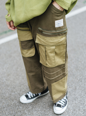 PROSBYCH军绿色重工多口袋裤男复古拼接撞色宽松直筒休闲工装裤
