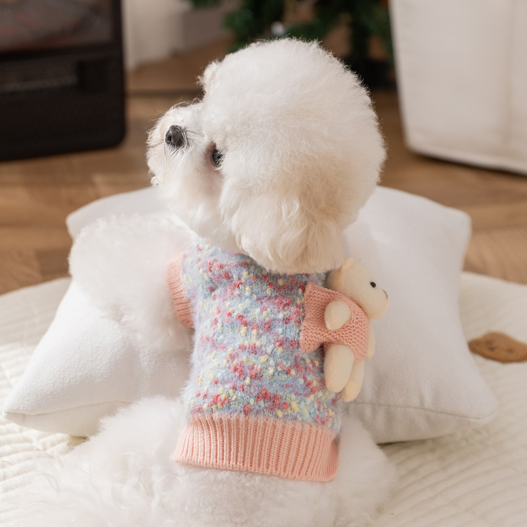 秋冬新款宠物狗狗衣服保暖立体小熊花纱毛衣套头猫咪中小型犬衣服